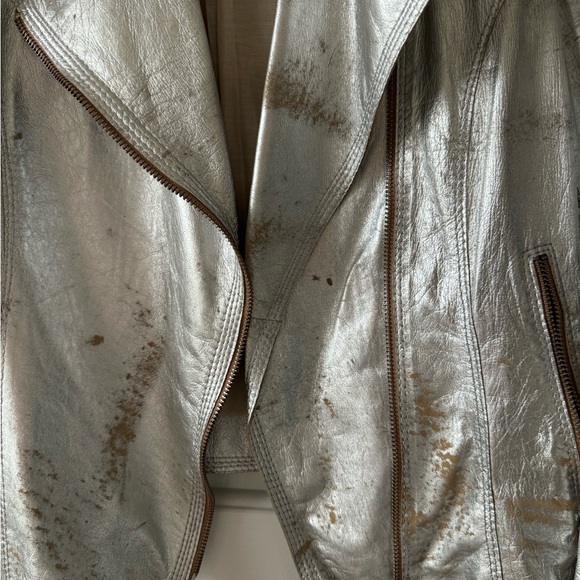 NWOT GIMO'S Cropped Leather Biker Jacket,  XS Silver Distressed LEATHER, - Picture 6 of 9